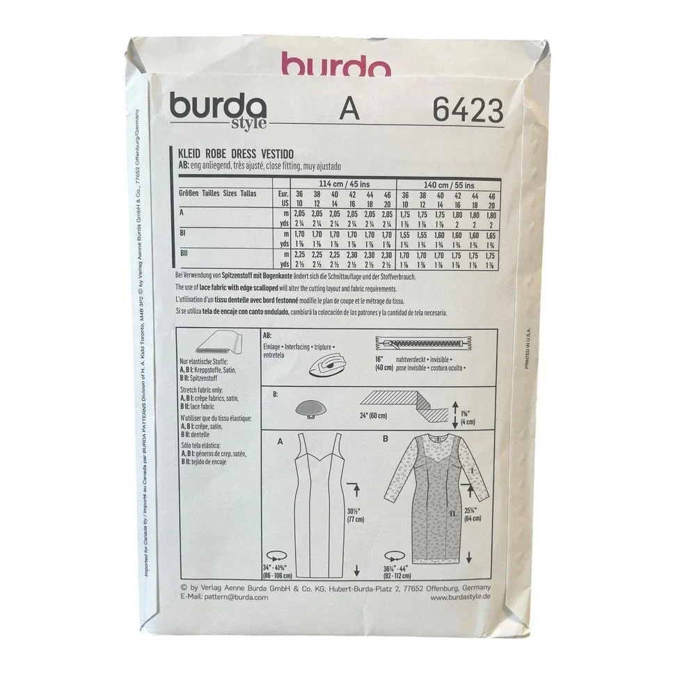 Burda Style 6423 Dress US 10-20 Fitted Sheath Pencil